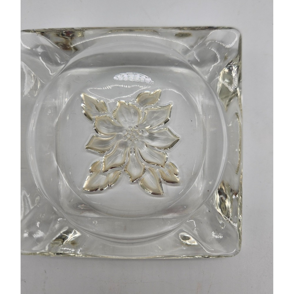 Vintage Square Clear Glass Ashtray Embossed Silver Poinsettia Flower 3.75 Inch
